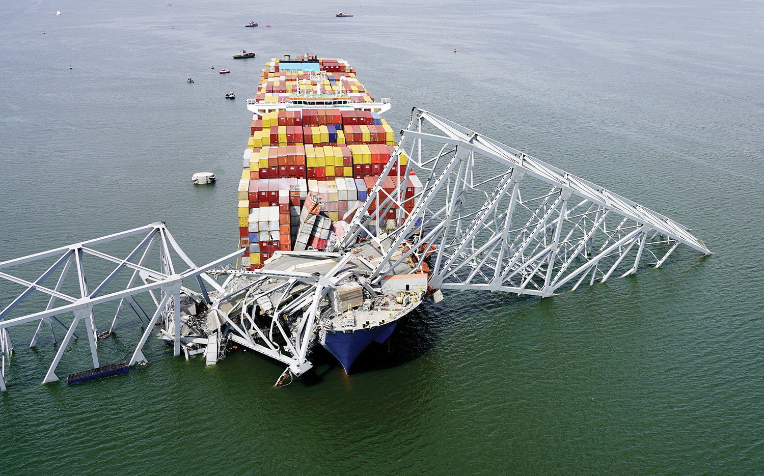 The cargo ship Dali sits stuck under part of the structure of the Francis Scott Key Bridge after the March 26 accident in Baltimore.