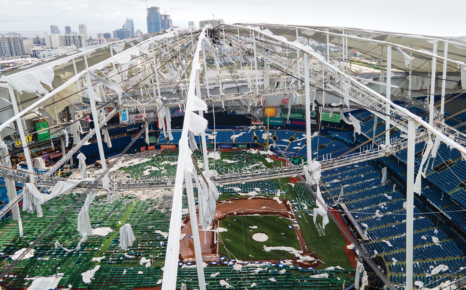 The roof of Tropicana Field (home of MLB’s Tampa Bay Rays) in St. Petersburg, Fla., was destroyed during Hurricane Milton.