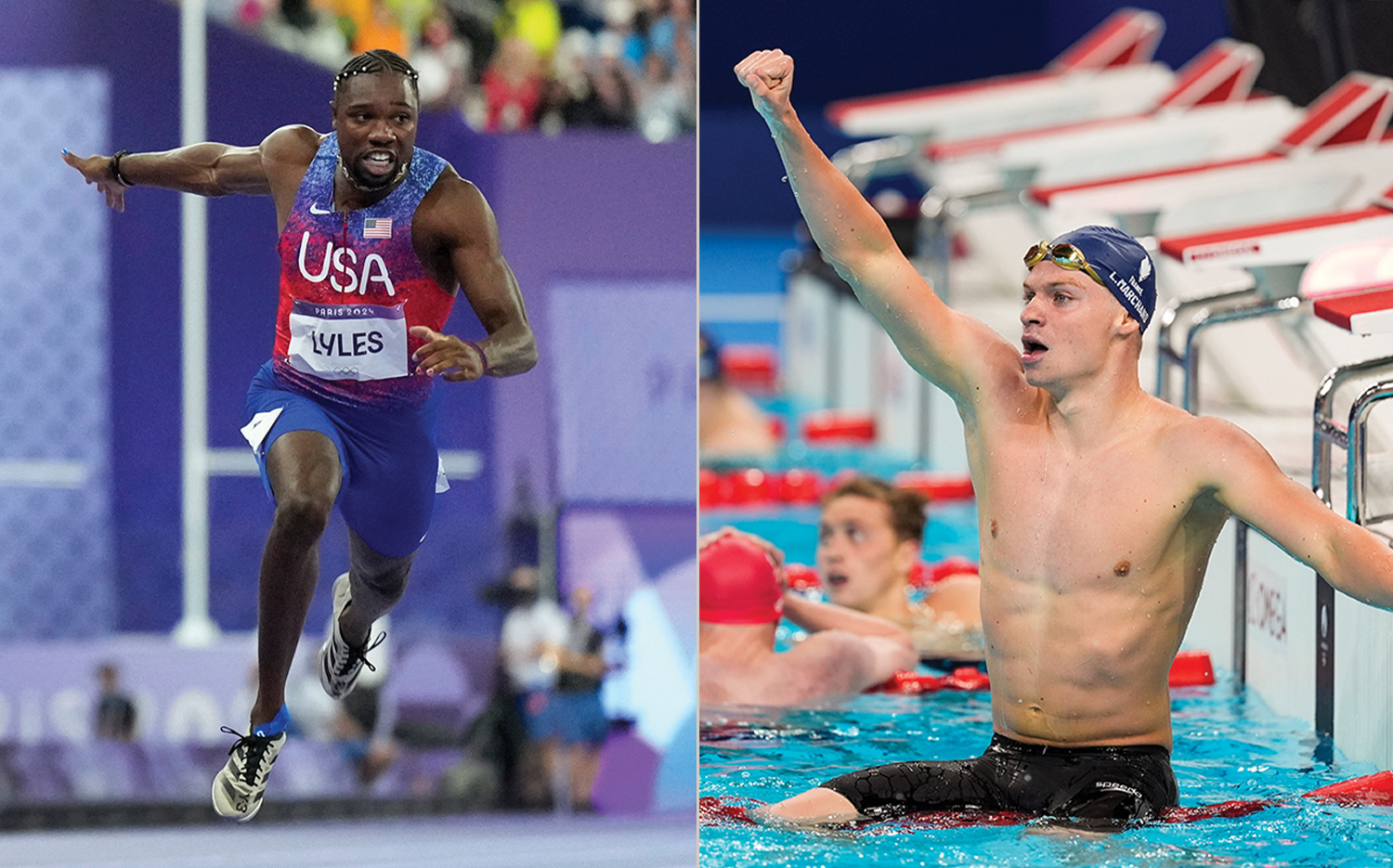 FROM LEFT: Noah Lyles wins the 100-meter final; Léon Marchand celebrates his victory in the 400-meter individual medley.