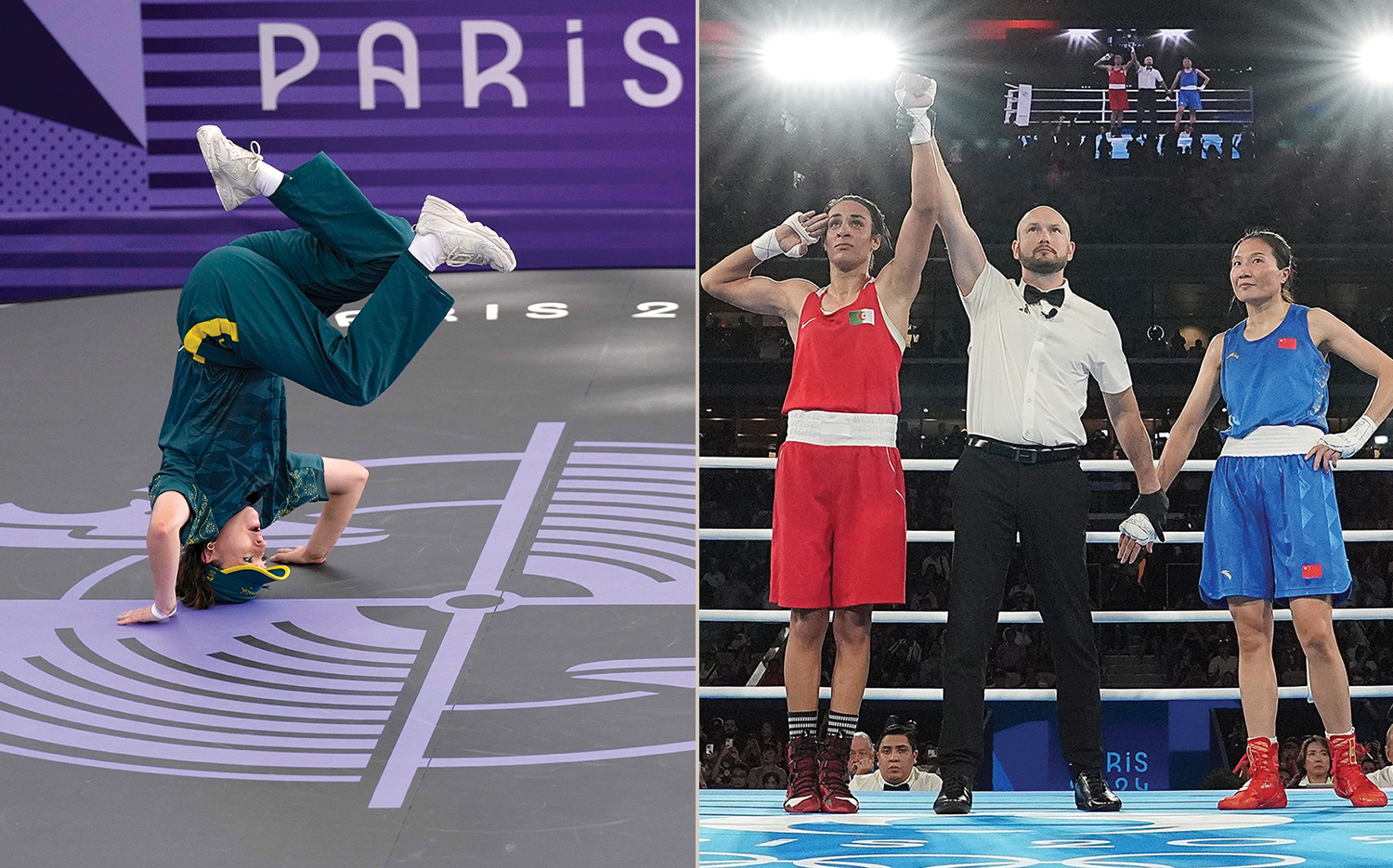 FROM LEFT: Rachel Gunn competes during the breaking competition; Imane Khelif (in red) is announced the winner in women's boxing.