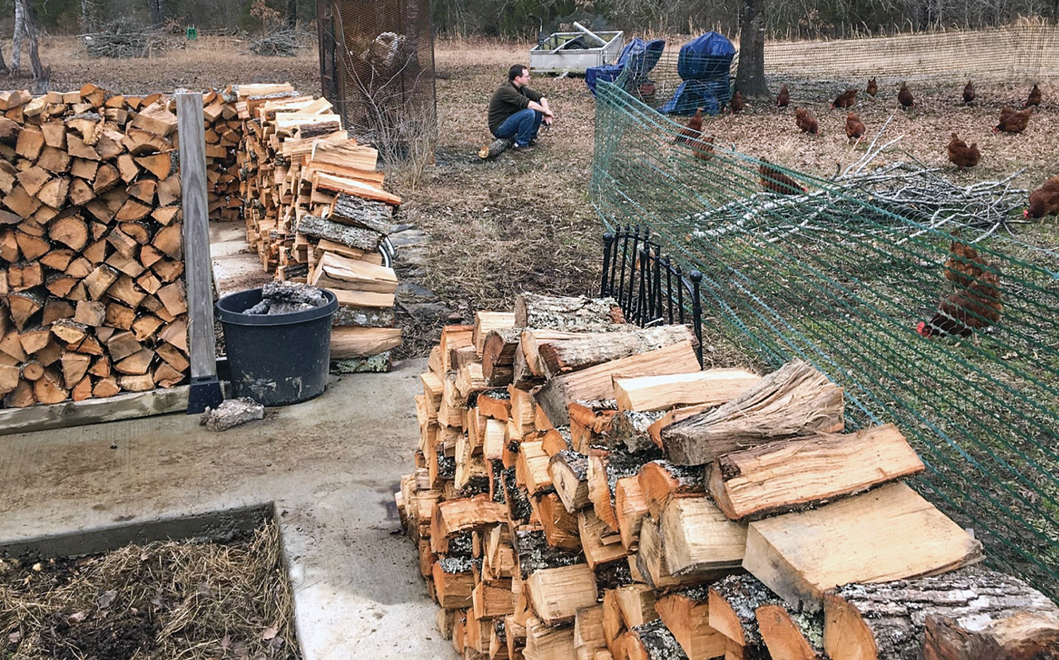 Pastor Tim Kinnard on his homestead in Sherwood, Ark., with a wood supply for the winter.